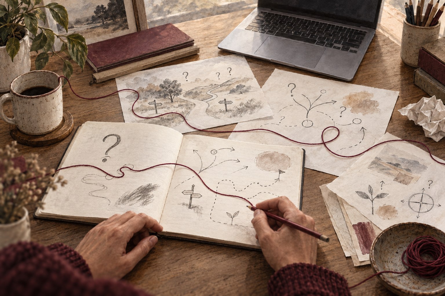 An unfinished notebook, branching sketches and a burgundy thread representing practical implementation questions.
