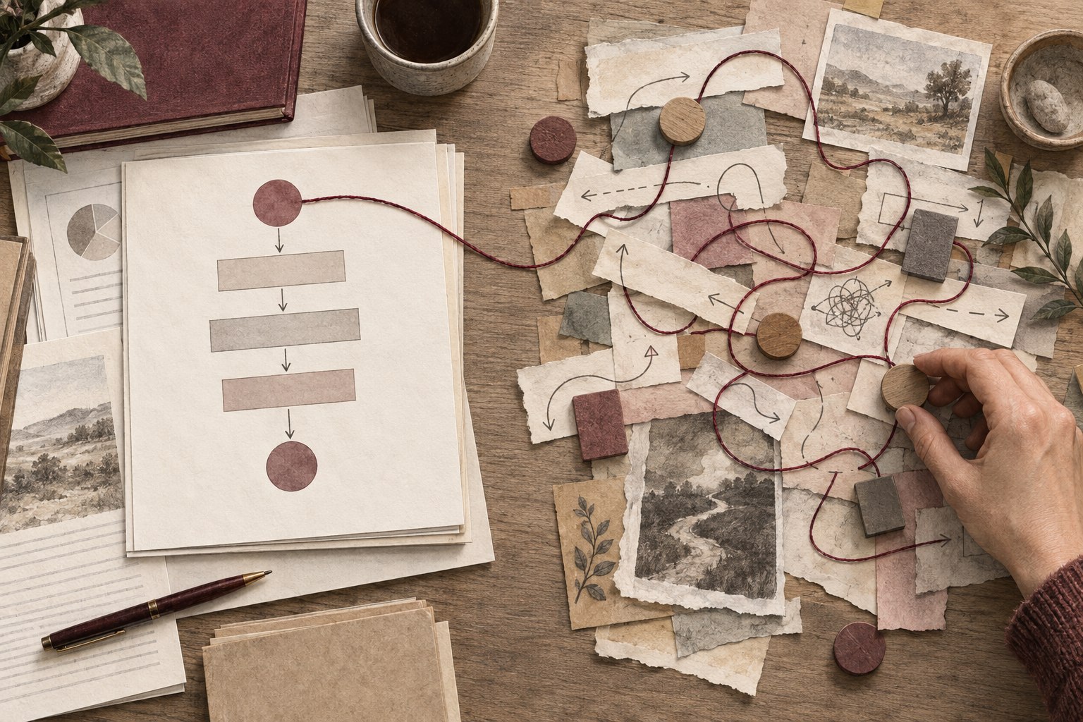 A tidy framework beside a layered, irregular workflow connected by a burgundy thread.