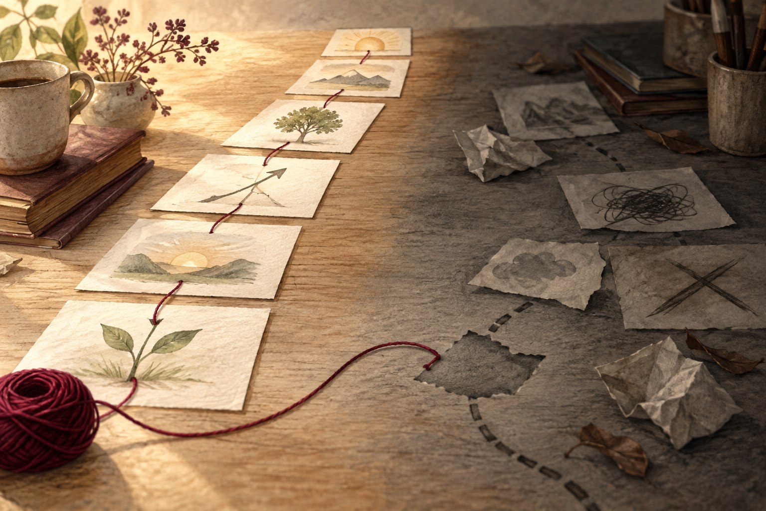 A polished path of successful examples beside an incomplete path where difficult experiences are missing.