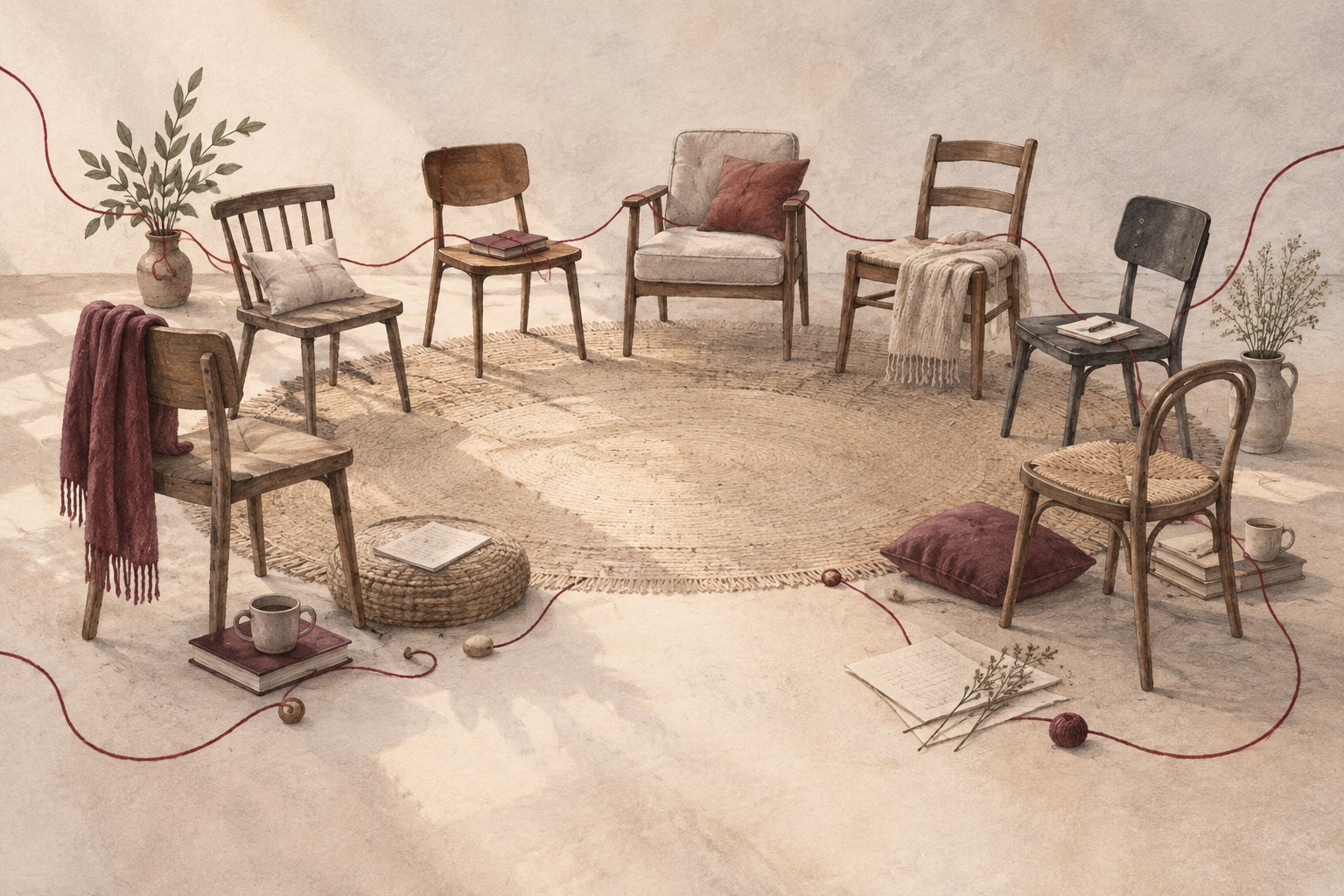 An unfinished circle of empty chairs connected by a burgundy thread, leaving an open place for future participants.